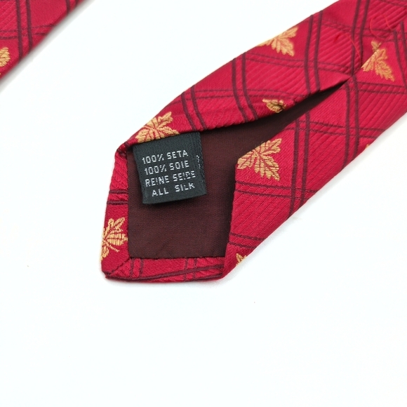 Dormeuil Paris London Made in‎ Italy Silk Red Tie Checkered Leaf Leaves - Picture 6 of 7